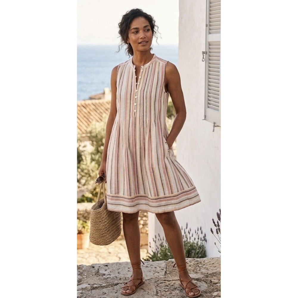 Faherty Womens Isha Linen Dress M  Pink Stripe Resortwear Button Front Pockets